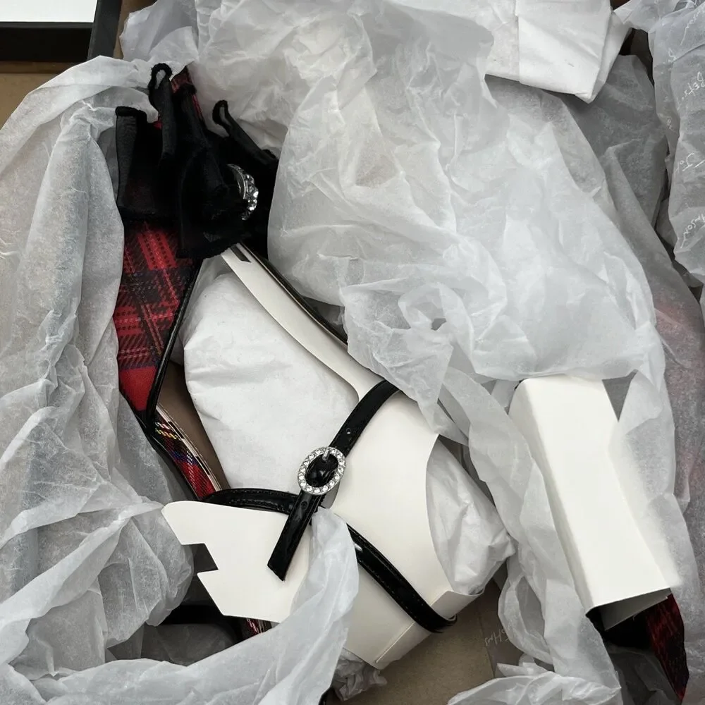 Betsey Johnson Lillyan Pump Women 7.5M Red Plaid T-Strap Pointed Toe Kitten Heel - Picture 12 of 13